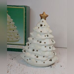 Vintage Matte Ceramic Christmas Tree Votive Holder White w Gold Star Decoration